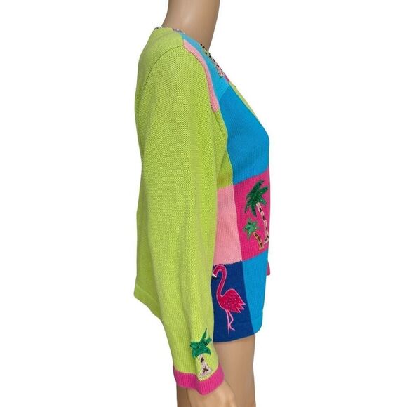 Jack B Quick Colorful Art-to-Wear Flamingo Island Fun Florida Palm Sweater Sz M - Picture 2 of 6